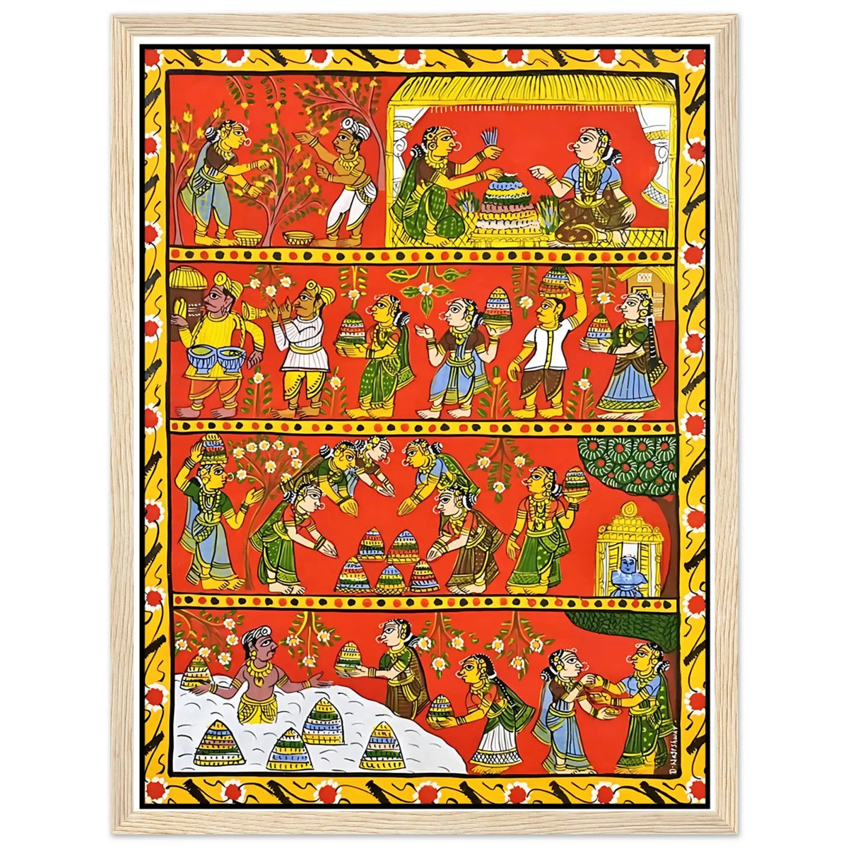 Cheriyal Life in Rural Village painting depicting daily life in a rural Indian village.
