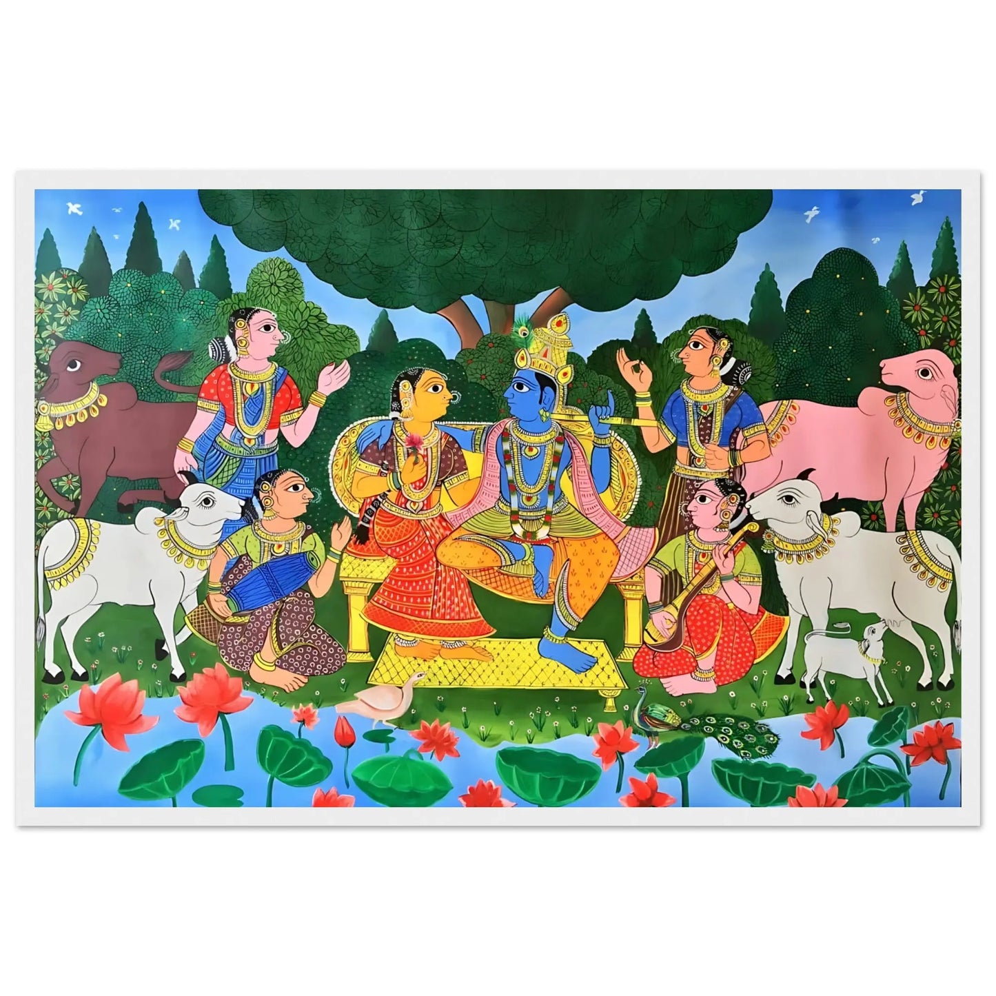 Cheriyal Radha Krishna Love painting depicting Radha and Krishna in a traditional scene.