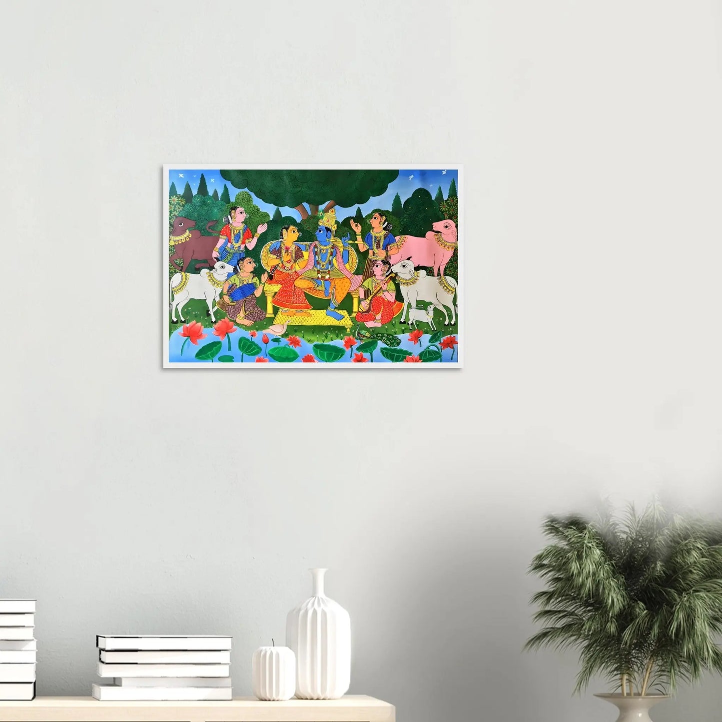 Depiction of Radha and Krishna's love story in Cheriyal art.