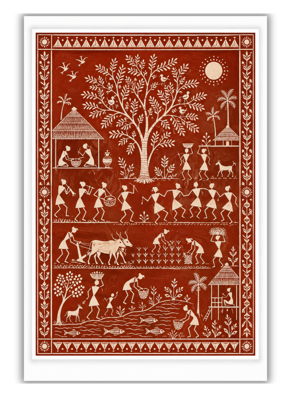 Traditional Warli paintings from Maharashtra featuring tribal life and rituals in geometric patterns