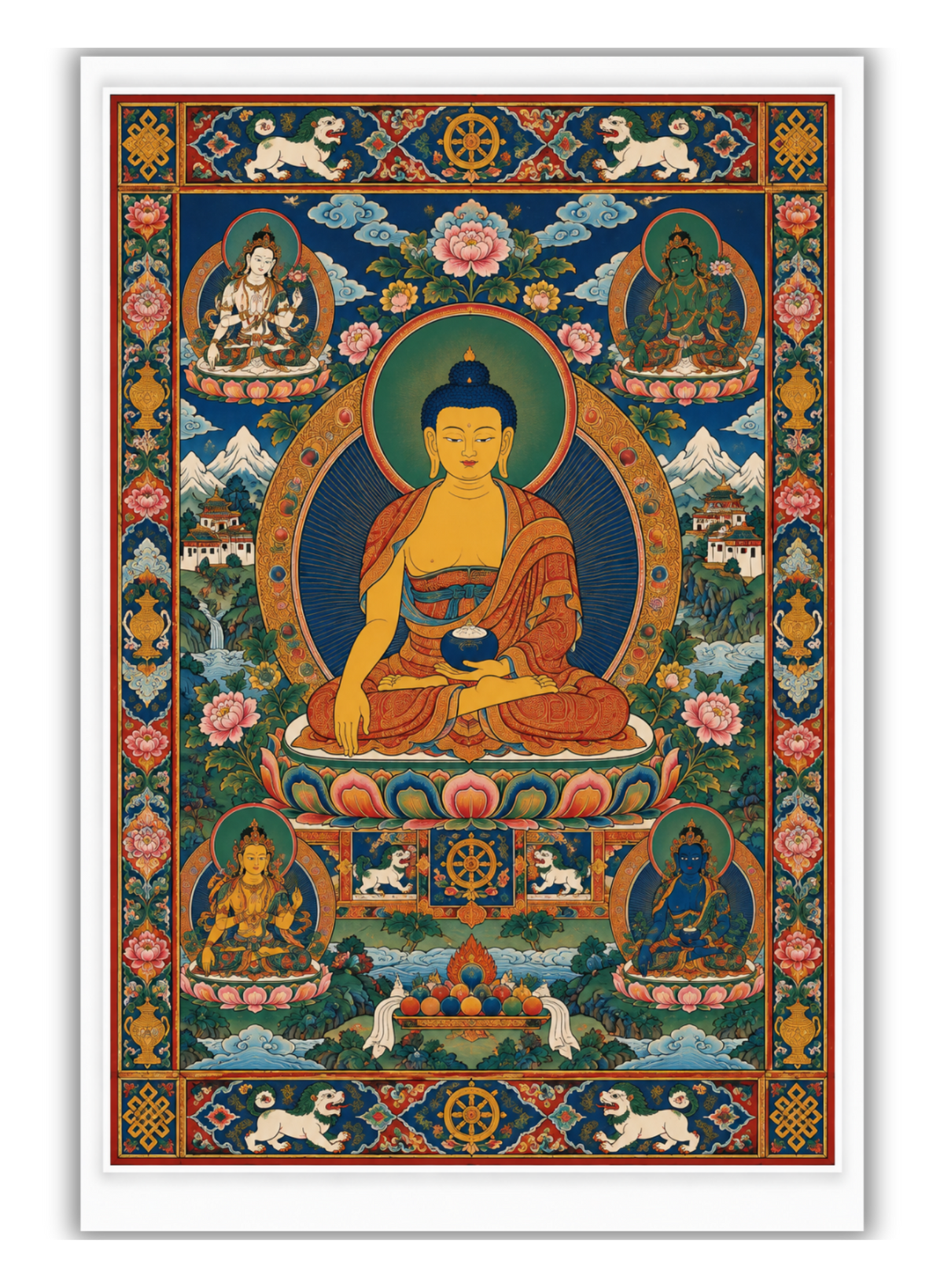 Traditional Thangka painting depicting intricate Himalayan Buddhist art with spiritual motifs and sacred symbolism