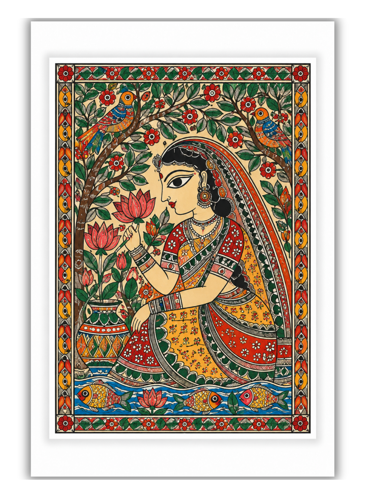 Madhubani painting banner featuring intricate folk art from Mithila, India—depicting nature, mythology, and cultural traditions in vivid colors.