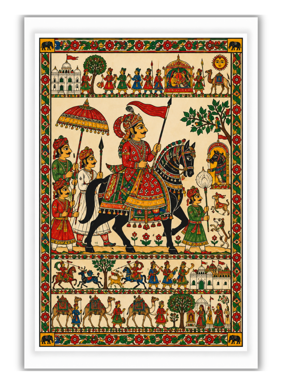 Traditional Phad Painting – Vibrant narrative scroll art from Rajasthan, hand-painted to depict epic tales of gods, heroes, and folklore.