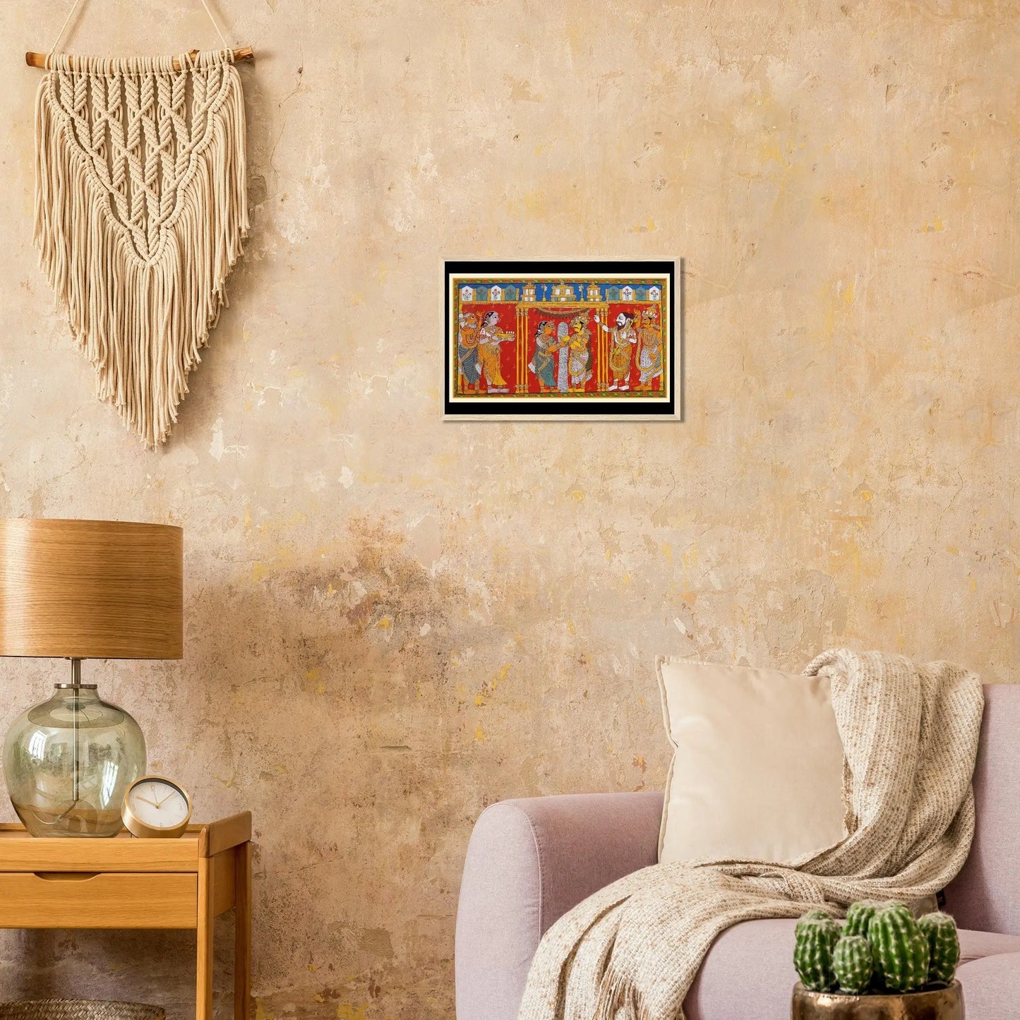 Cheriyal - A Wedding painting elegantly displayed in a modern living room setting