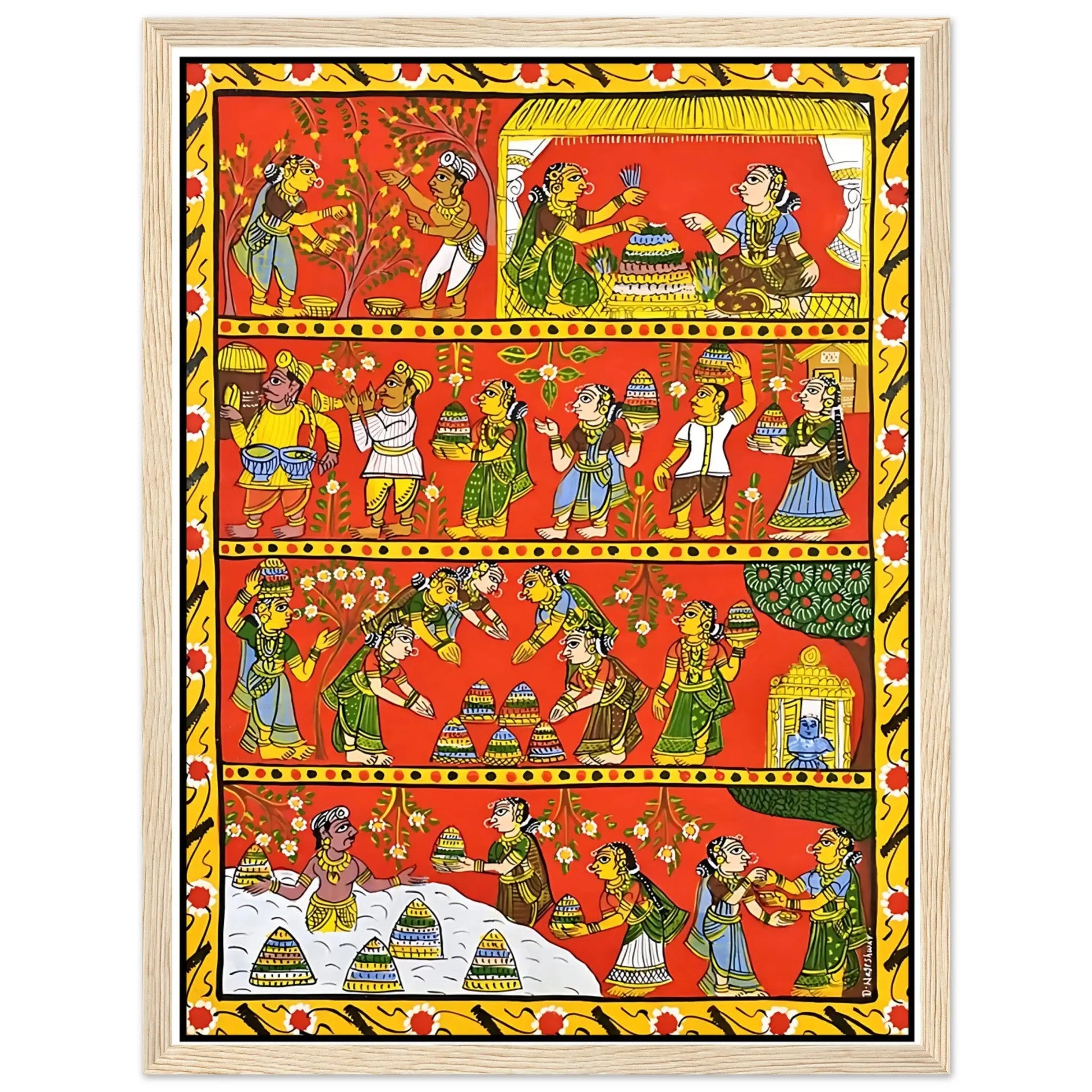 Cheriyal Life in Rural Village painting depicting daily life in a rural Indian village.