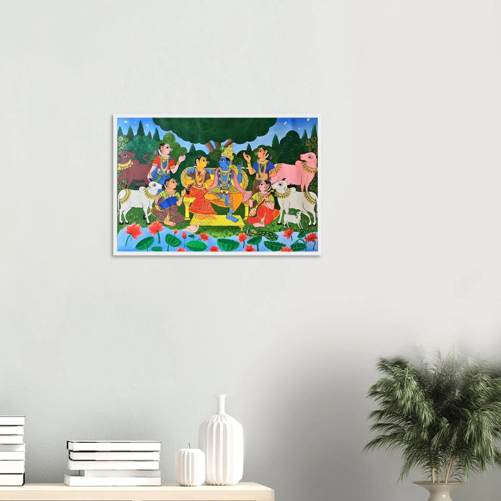 Depiction of Radha and Krishna's love story in Cheriyal art.