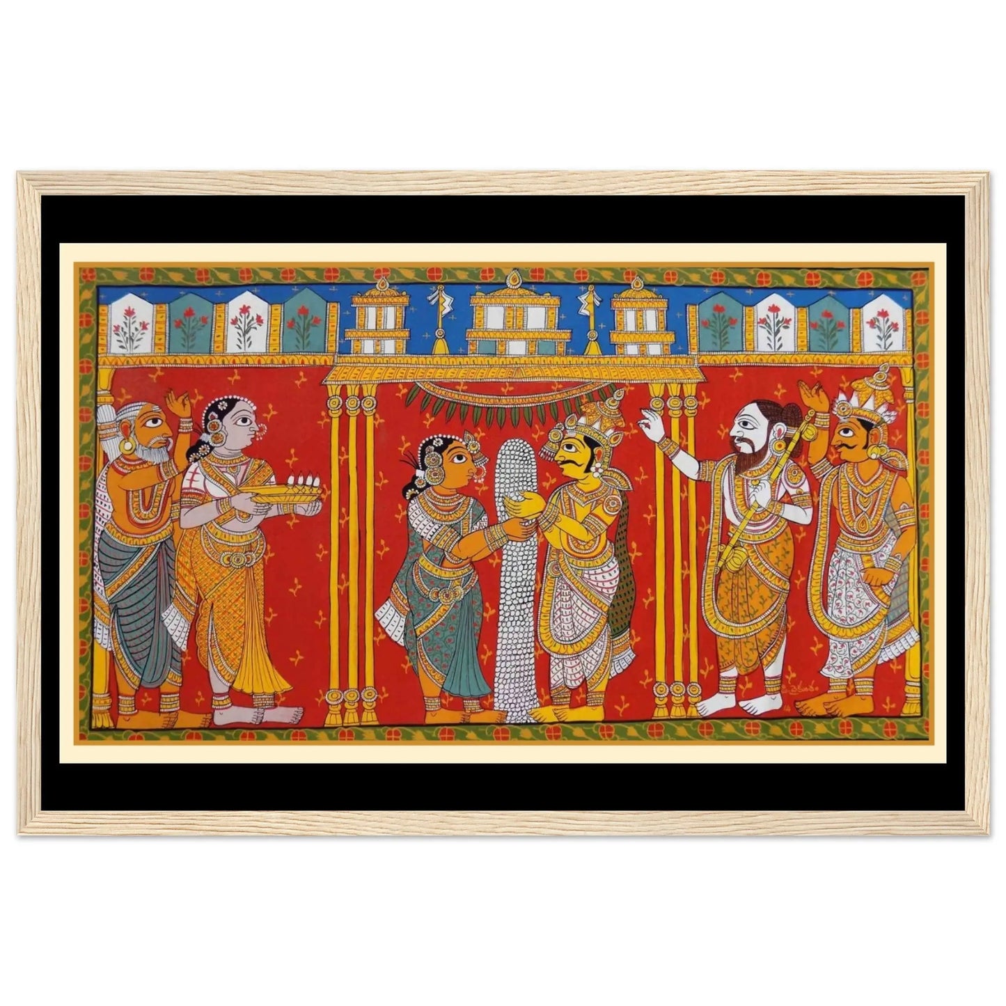 Cheriyal - A Wedding painting showcasing vibrant Indian wedding scenes in traditional Telangana art style.