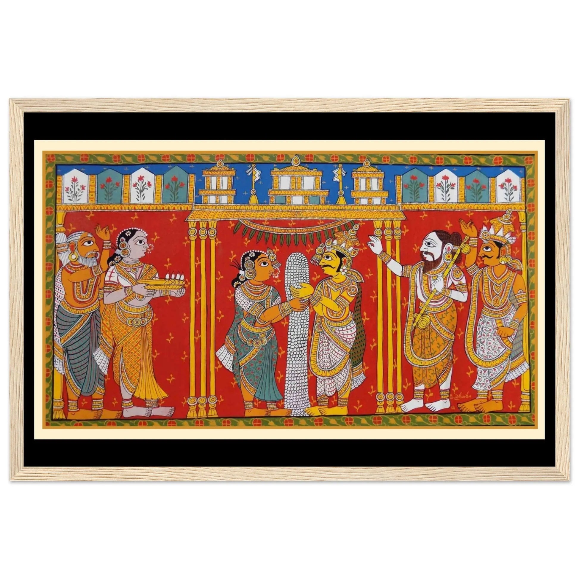 Cheriyal - A Wedding painting showcasing vibrant Indian wedding scenes in traditional Telangana art style.