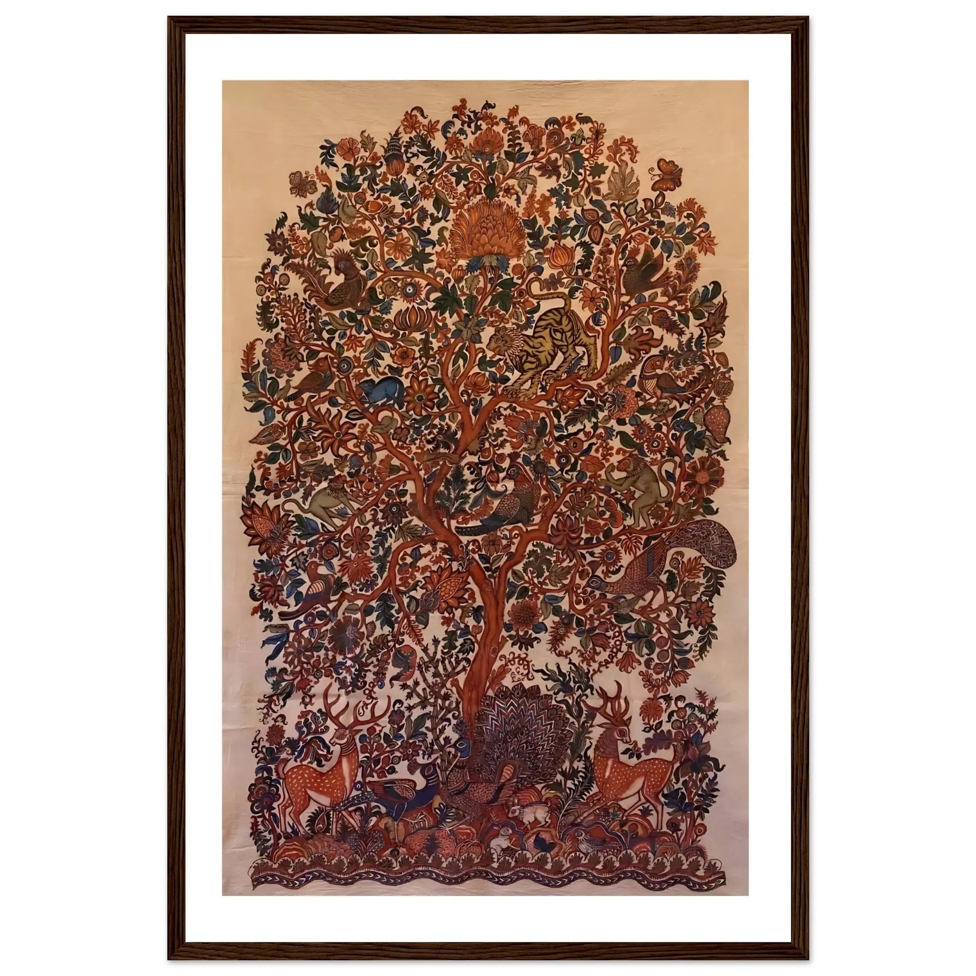 Kalamkari painting depicting the Tree of Life in warm brown tones, symbolizing growth and interconnection.