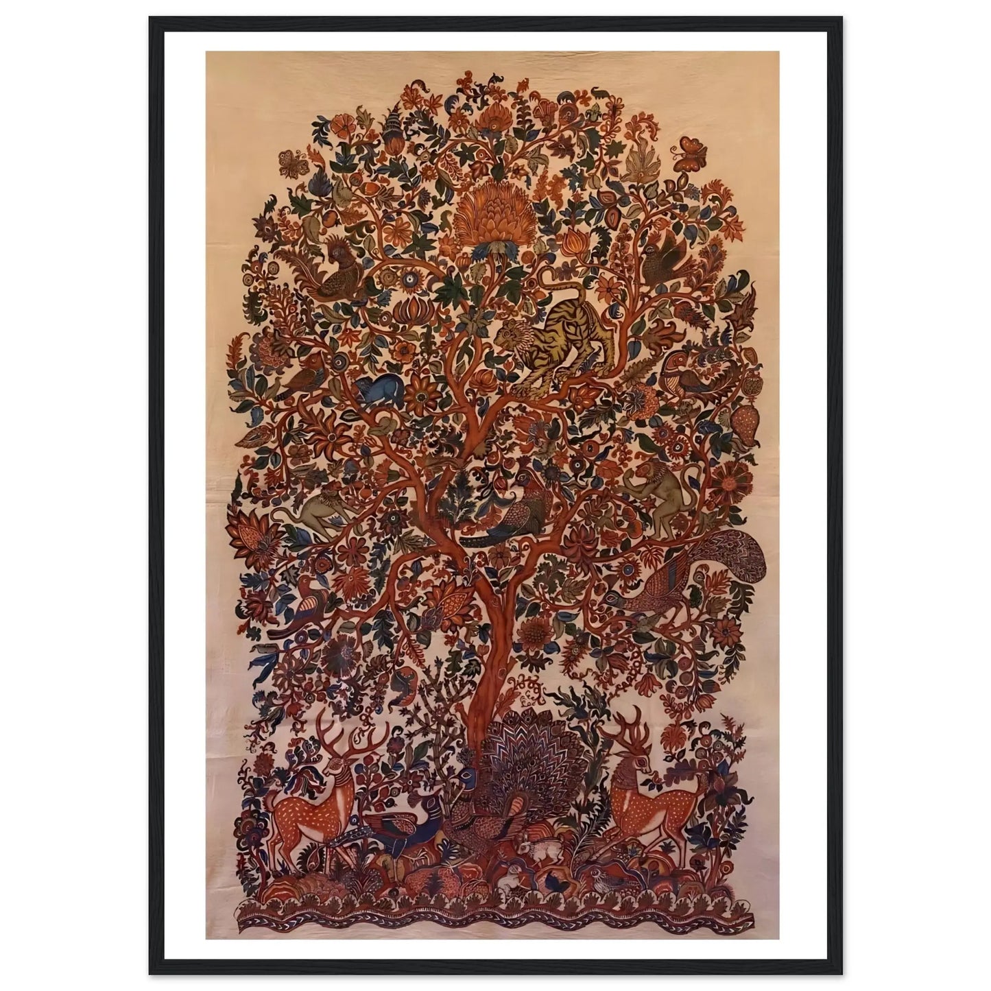 Skilled artisan using natural dyes to hand-paint the Tree of Life design in Kalamkari art.