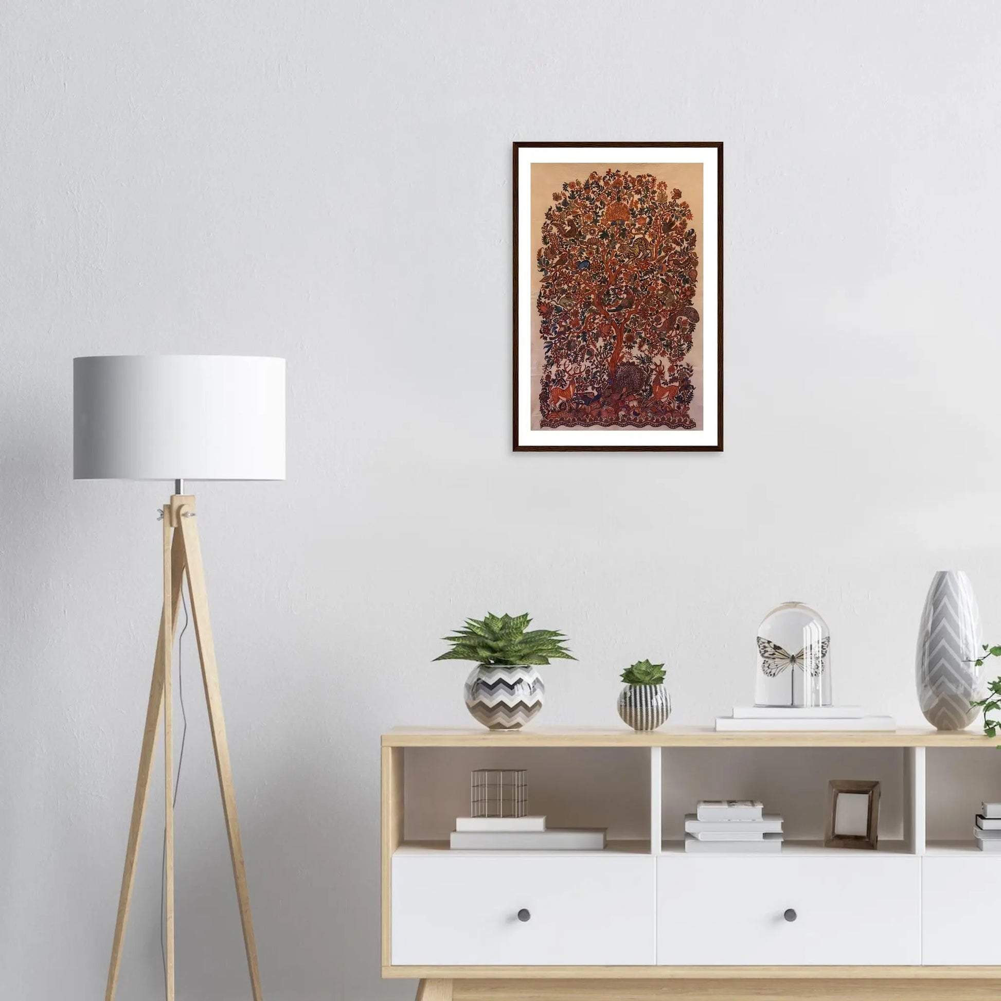Kalamkari: In Brown, Tree of Life painting beautifully framed and hung on a wall, enhancing the decor.
