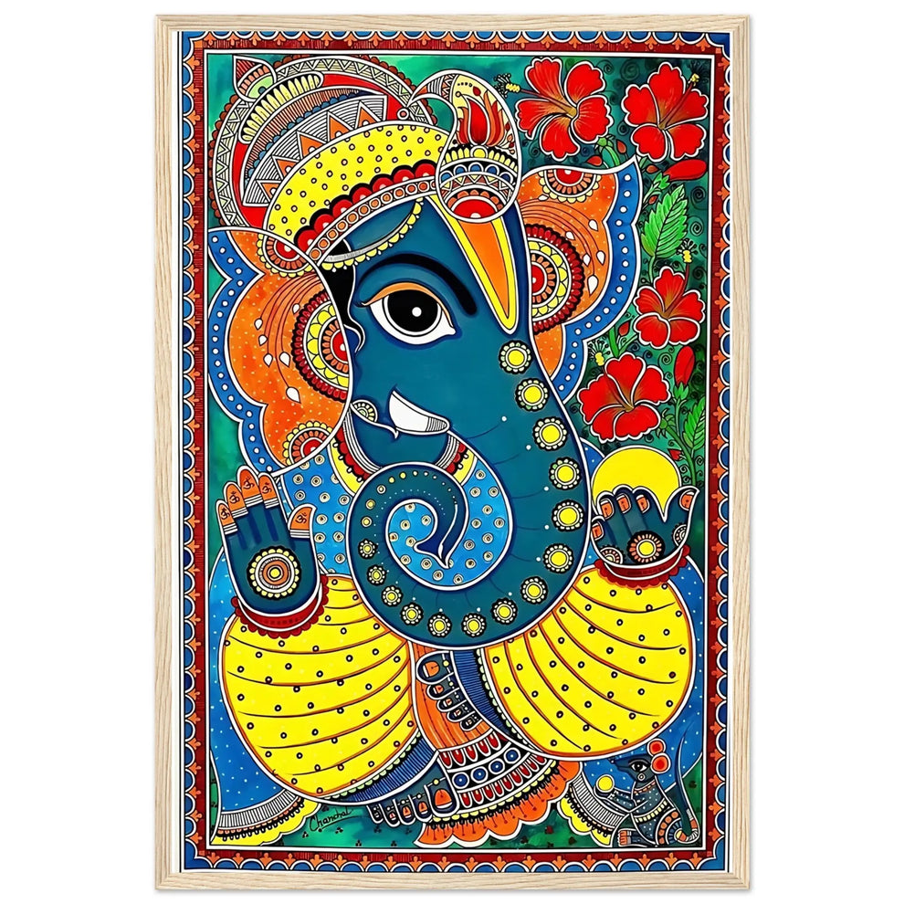 Multicolor - Lakshmi Ganesha with Kalash Handpainted Madhubani Painting by Hira Devi (15 x 22 in)